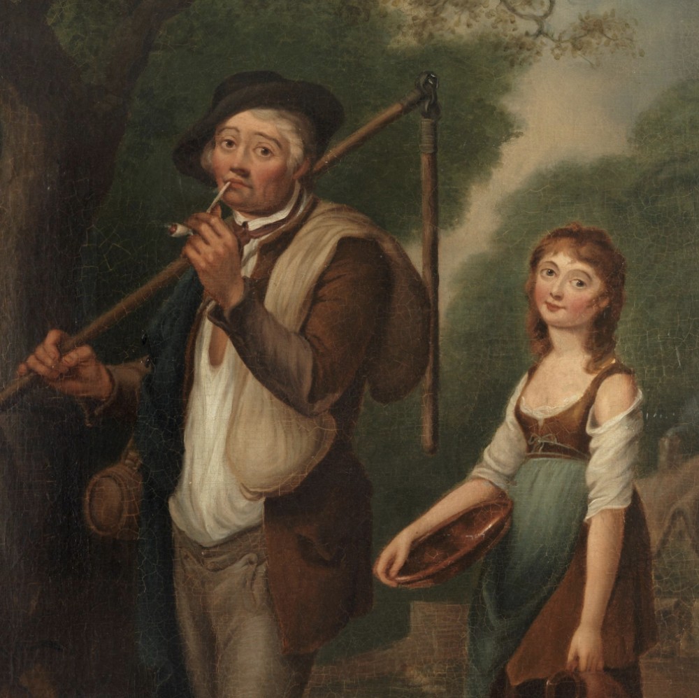 An eighteenth-century style oil painting on canvas in a beaded gilt frame, depicting a pipe-smoking man and a barefoot woman holding a vessel in a rural landscape. View III