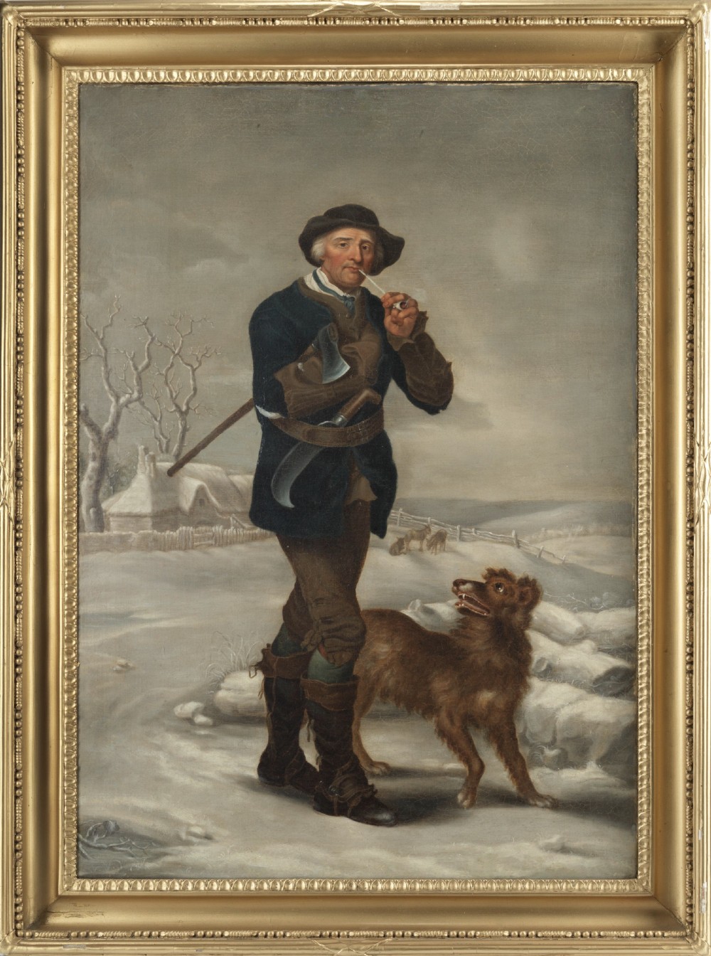 An eighteenth-century style oil painting on canvas depicting a standing woodcutter with a clay pipe and dog in a snowy countryside scene, housed within a gilded frame.