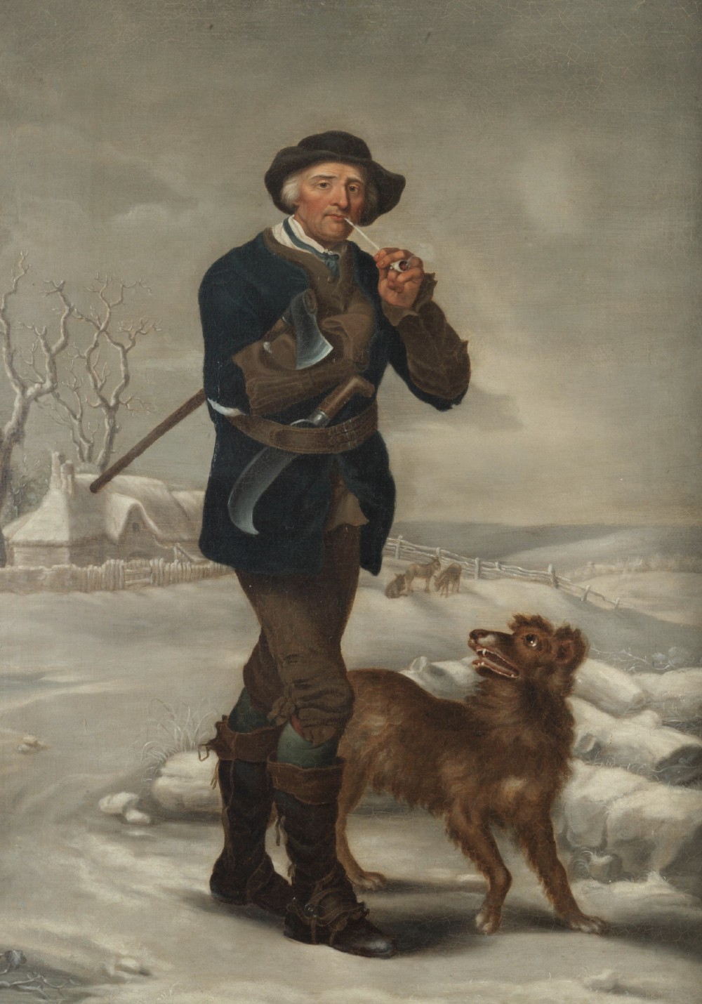 An eighteenth-century style oil painting on canvas depicting a standing woodcutter with a clay pipe and dog in a snowy countryside scene, housed within a gilded frame. View III