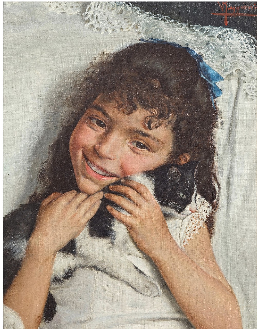 An oil painting on canvas depicting a smiling young girl holding a black and white cat, framed within an ornate gold giltwood frame. View IV