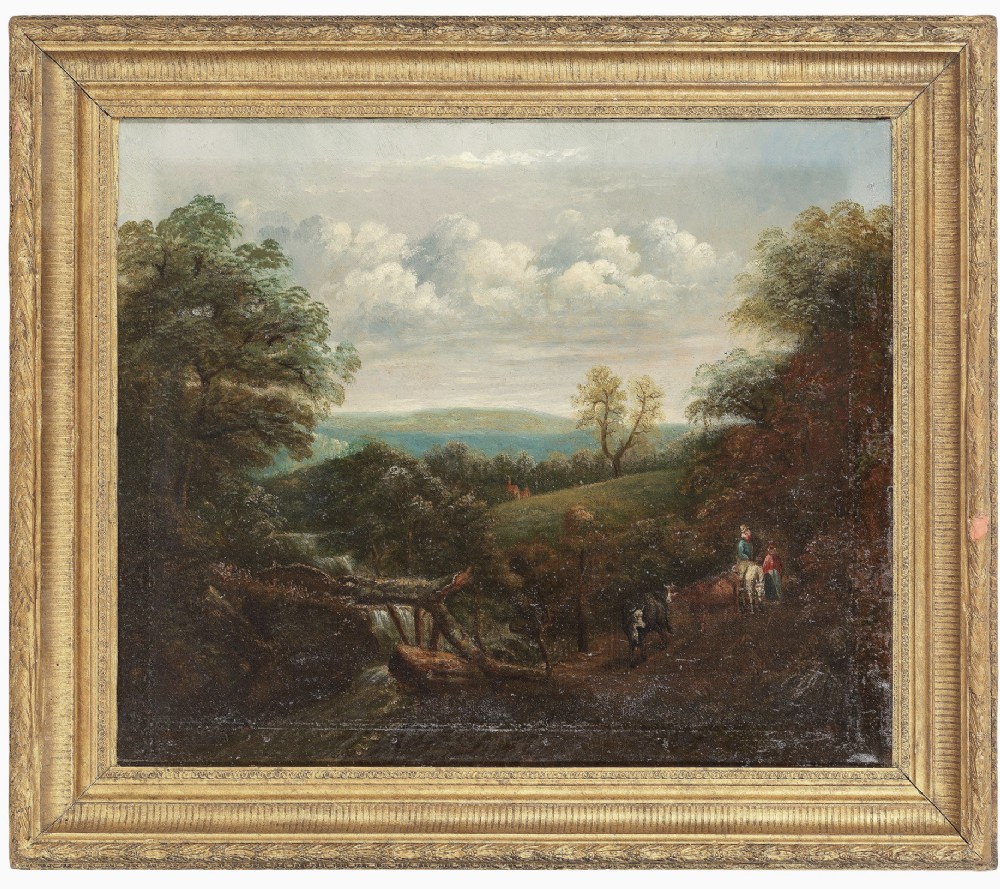 An eighteenth-century Norwich School landscape oil painting portraying figures with cattle on a rural path within a moulded giltwood frame.