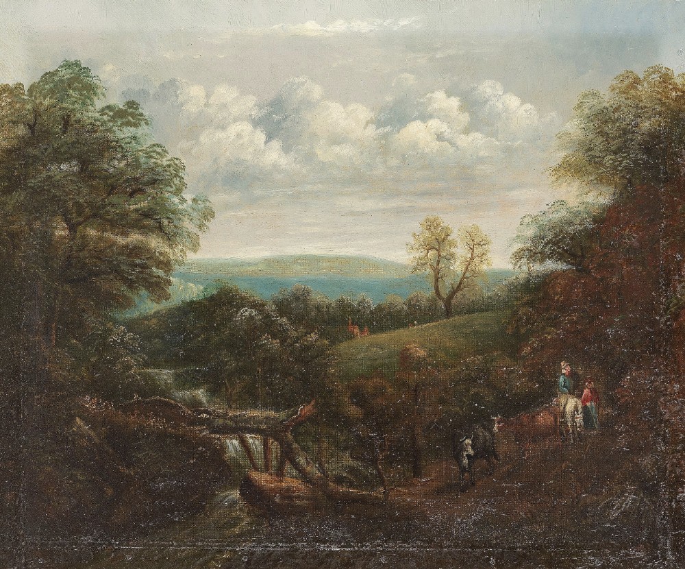 An eighteenth-century Norwich School landscape oil painting portraying figures with cattle on a rural path within a moulded giltwood frame. View II