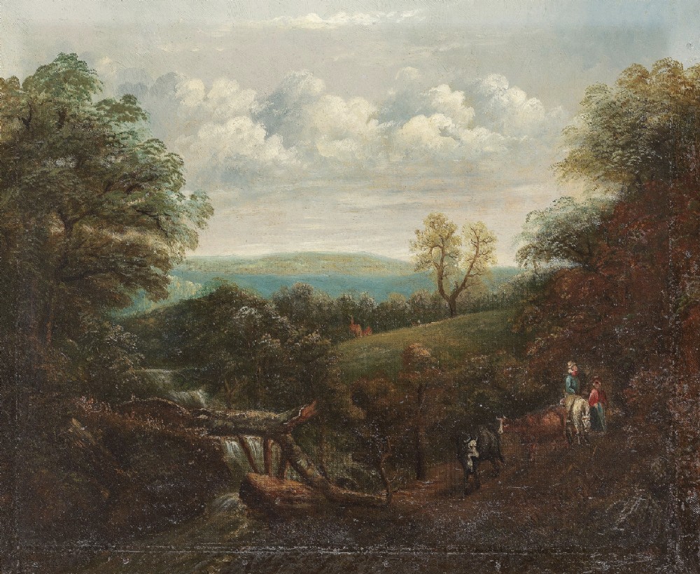 An eighteenth-century Norwich School landscape oil painting portraying figures with cattle on a rural path within a moulded giltwood frame. View III