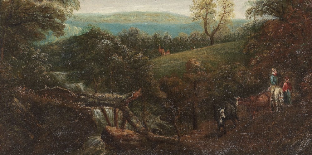 An eighteenth-century Norwich School landscape oil painting portraying figures with cattle on a rural path within a moulded giltwood frame. View IV