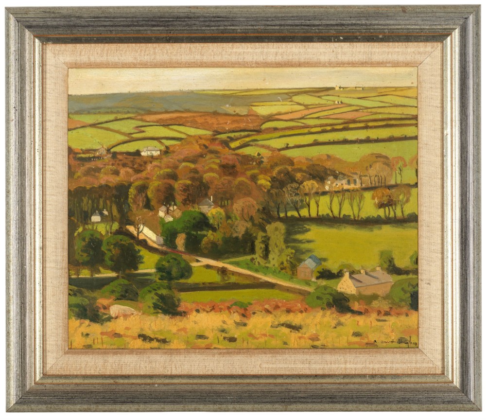 A framed oil painting depicting a British countryside vista with green patchworked fields, small stone houses, and distant hills beneath a cloudy sky.