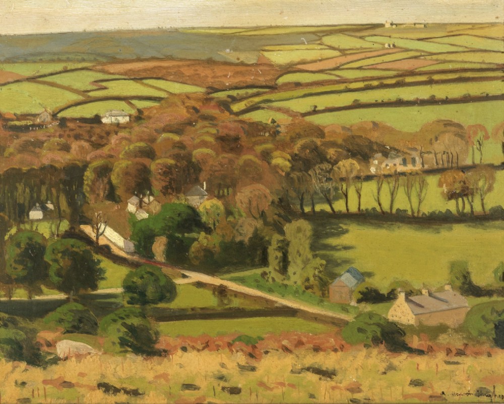 A framed oil painting depicting a British countryside vista with green patchworked fields, small stone houses, and distant hills beneath a cloudy sky. View II