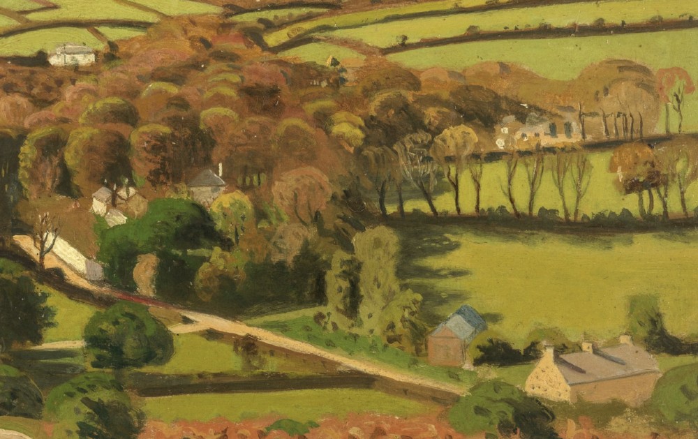 A framed oil painting depicting a British countryside vista with green patchworked fields, small stone houses, and distant hills beneath a cloudy sky. View III