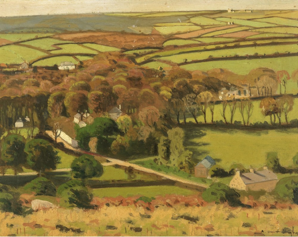 A framed oil painting depicting a British countryside vista with green patchworked fields, small stone houses, and distant hills beneath a cloudy sky. View IV
