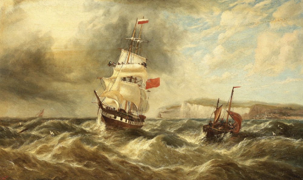A late nineteenth-century oil painting depicting a British merchant ship in rough seas off a rocky coastline, presented in an ornate gilt frame. View III