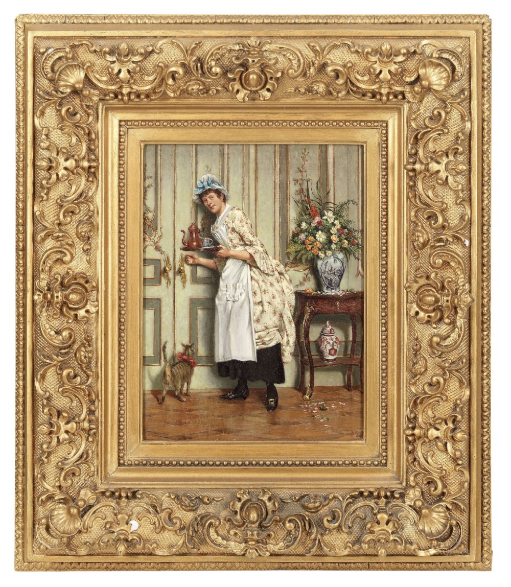 A framed Victorian oil painting depicting a maid carrying a teapot in an interior setting, housed within an ornate gold gilt frame.