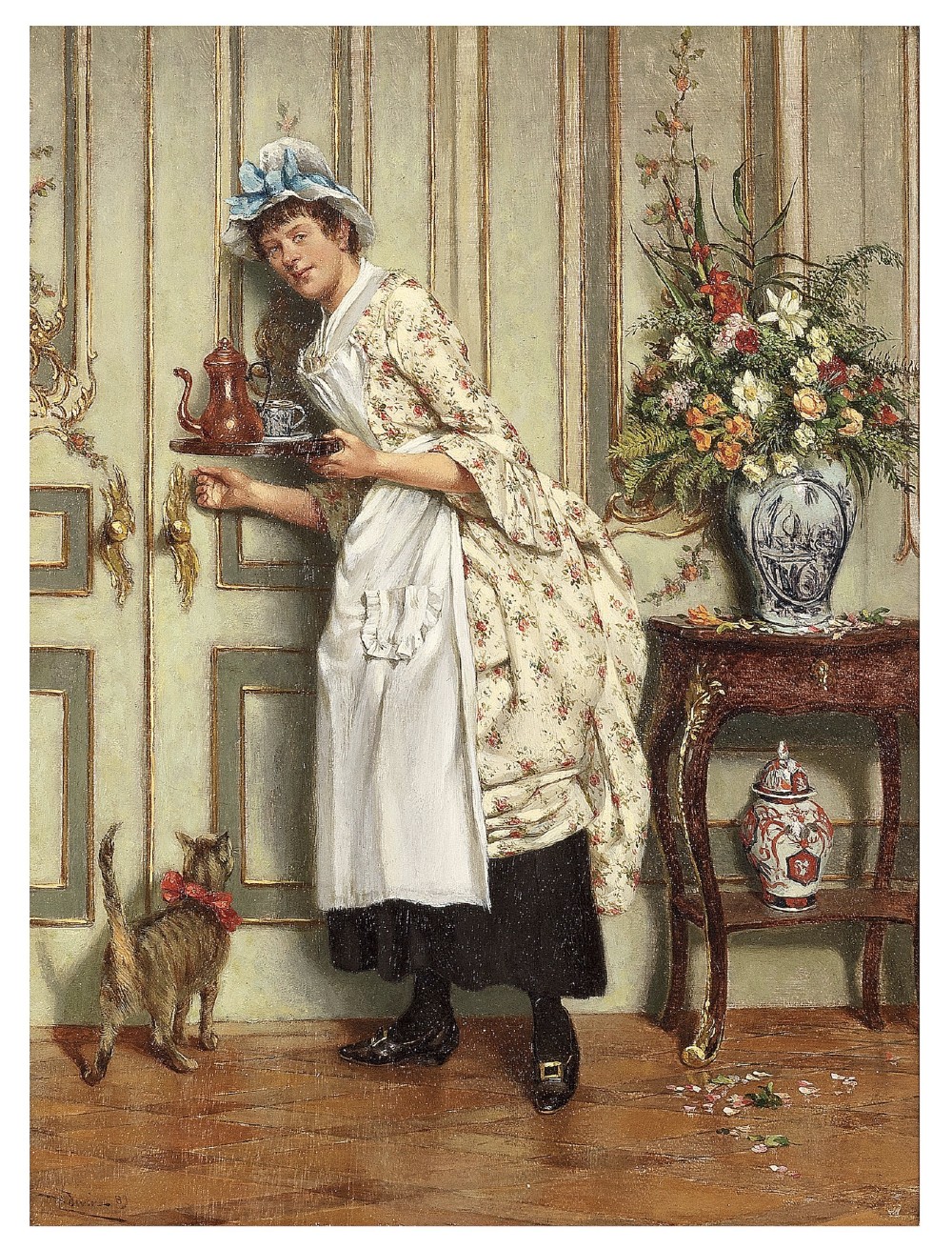 A framed Victorian oil painting depicting a maid carrying a teapot in an interior setting, housed within an ornate gold gilt frame. View III