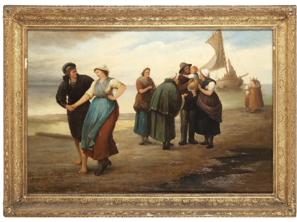 A 19th-century French School oil painting depicting coastal figures gathered on a shore with a sailing boat, set in an ornate gilded frame.