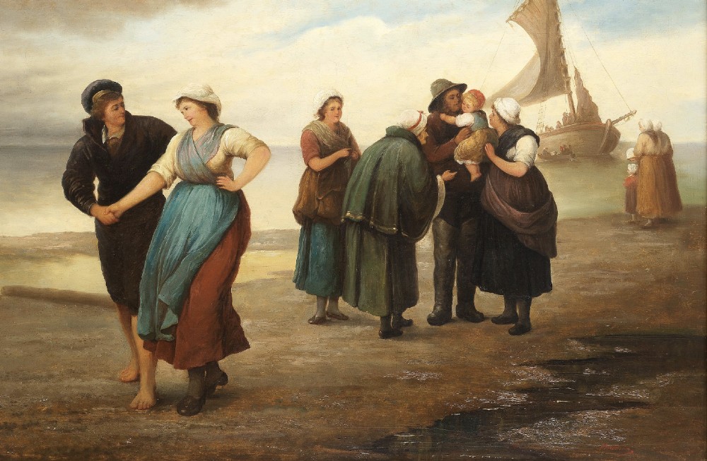 A 19th-century French School oil painting depicting coastal figures gathered on a shore with a sailing boat, set in an ornate gilded frame. View II
