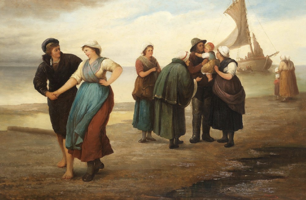 A 19th-century French School oil painting depicting coastal figures gathered on a shore with a sailing boat, set in an ornate gilded frame. View III