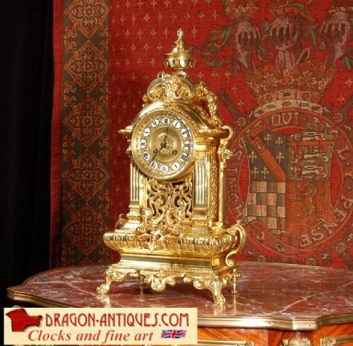 Large Antique French Gilt Brass Table Clock