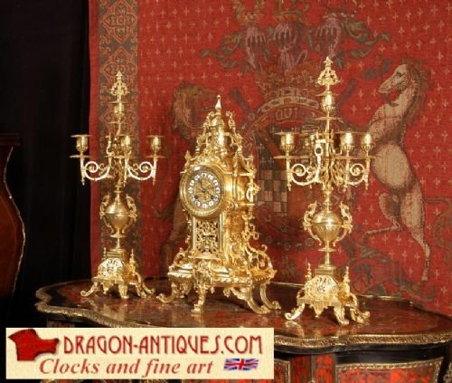 Stunning Antique French Brass Clock Set.