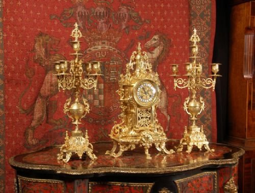 fig 1. Stunning Antique French Brass Clock Set.