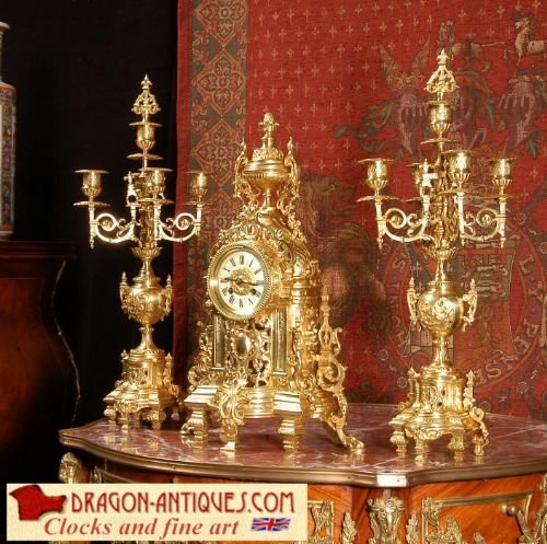 Stunning Antique French Gilt Brass Clock Set.