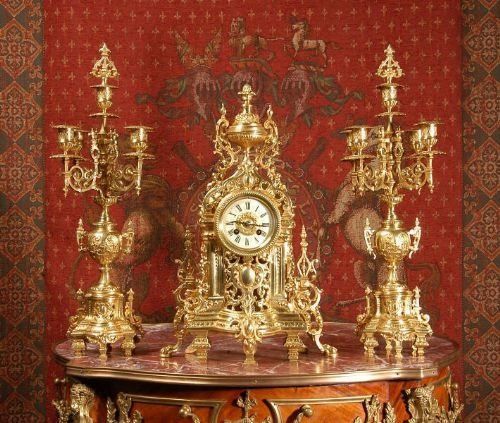 fig 1. Stunning Antique French Gilt Brass Clock Set.