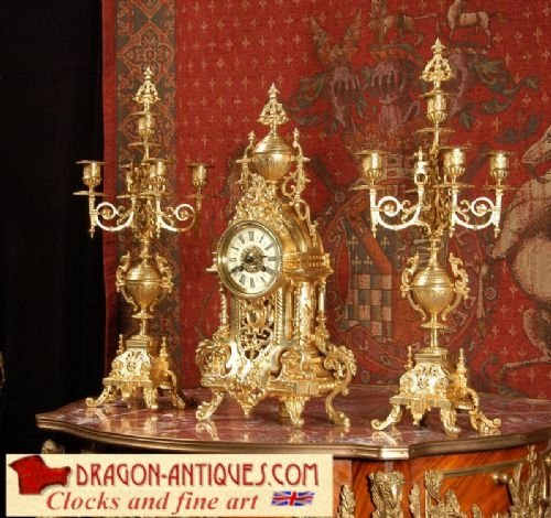 Stunning Antique French Brass Clock Set.