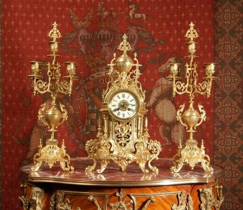 fig 1. Stunning Antique French Brass Clock Set.