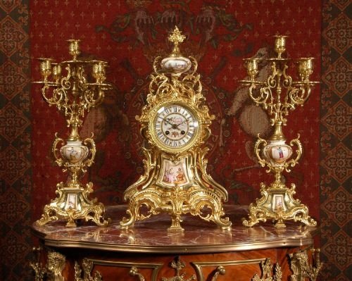 fig 1. Stunning Sevres Porcelain and Gilt Brass Clock Set.