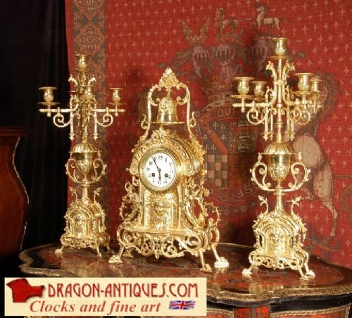 Japy Freres Large Antique French Gothic Clock Set