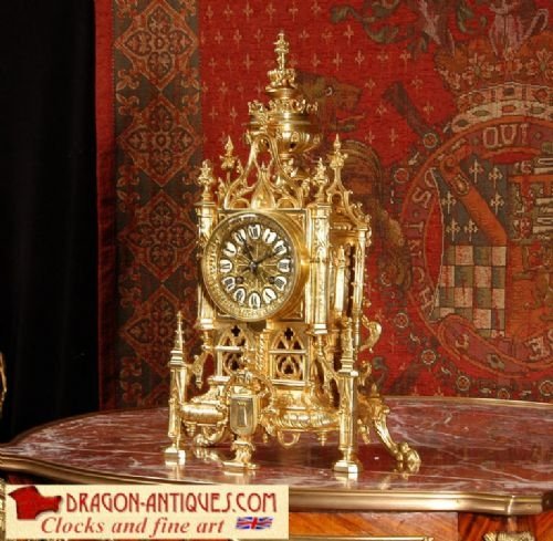 Superb Antique French Gilt Brass Gothic Clock