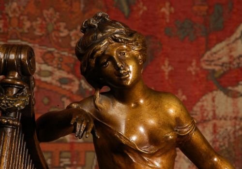 fig 1. Duo D'Amour, Large Antique French Clock Set
by Hippolyte François Moreau (1832-1927)
