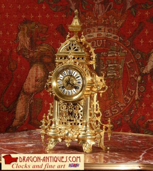Antique French Gilt Brass Gothic Clock, Circa 1880