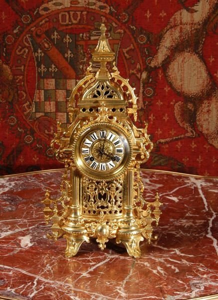 fig 1. Antique French Gilt Brass Gothic Clock, Circa 1880