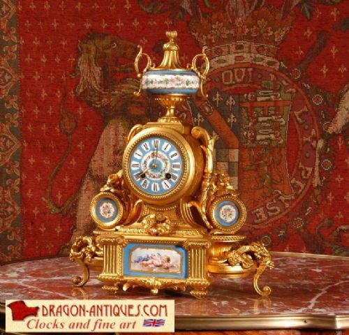 Sevres Porcelain and Gilt Metal Boudoir Clock. 
By Japy Freres 
Sevres Porcelain and Gilt Metal Boudoir Clock. 
By Japy Freres 
