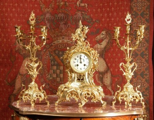 fig 1. Antique French Rococo Clock Set, French - Circa 1890.