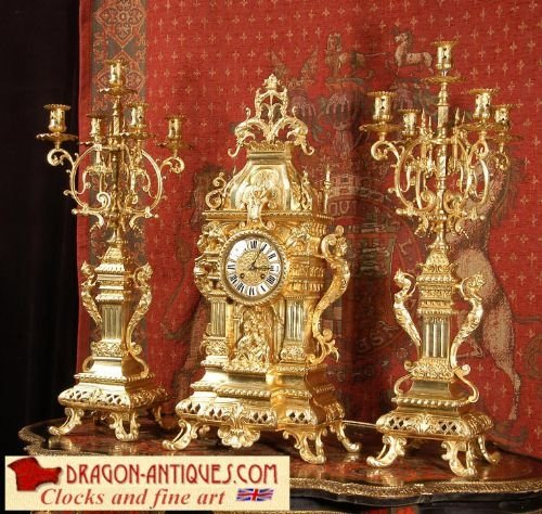 Very Large and Magnificent Antique French Gothic Clock Set - By Japy Freres