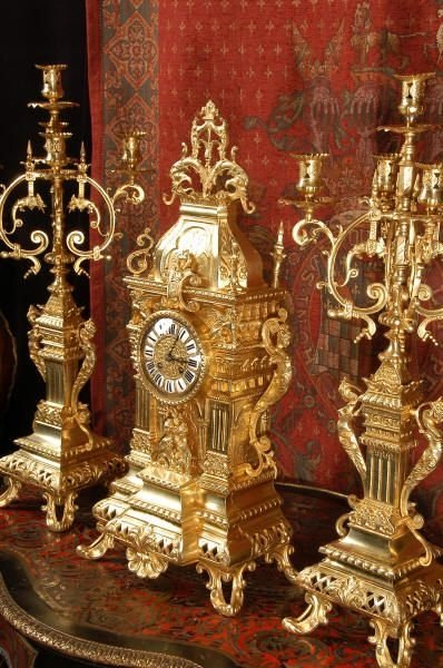 fig 1. Very Large and Magnificent Antique French Gothic Clock Set - by Japy Freres