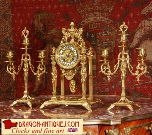 Antique French Gilt Brass Portico Clock Set.