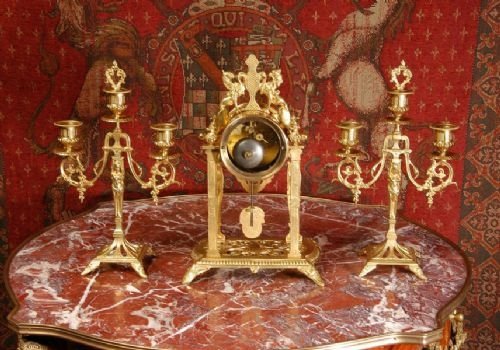 fig 2. Antique French Gilt Brass Portico Clock Set.