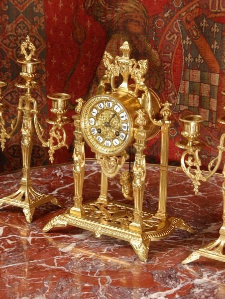 fig 3. Antique French Gilt Brass Portico Clock Set.