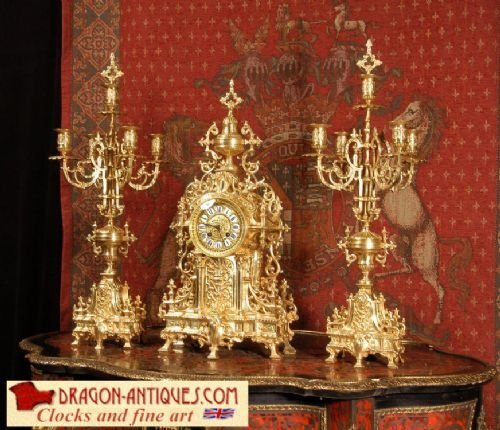 Antique French Gilt Brass Clock Set