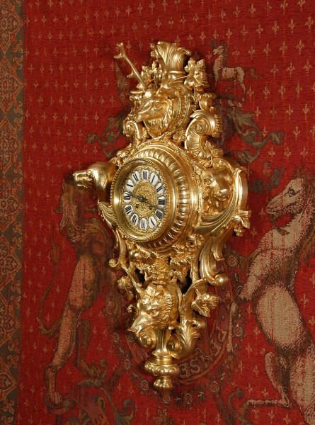 fig 1. Japy Freres Gilt Brass Cartel Wall Clock ~ Hunting.