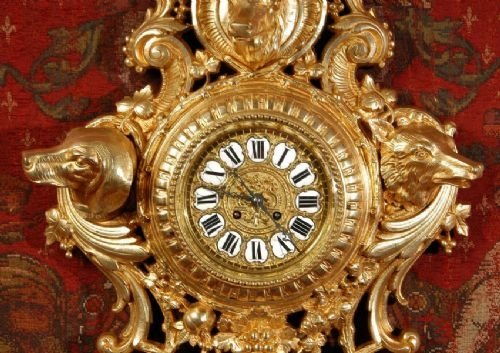 fig 2. Japy Freres Gilt Brass Cartel Wall Clock ~ Hunting.