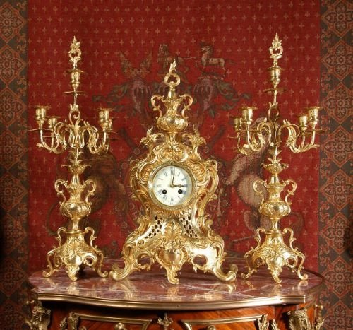 fig 1. Japy Freres Rococo Antique French Clock Set - Large and Superb.