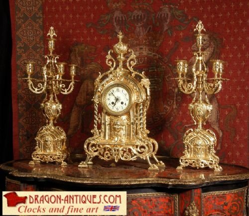 Japy Freres Large Gilt Brass Clock Set, Antique French.