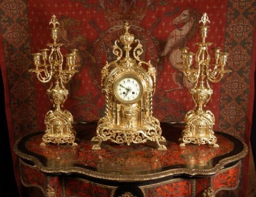 fig 1. Japy Freres Large Gilt Brass Clock Set, Antique French.