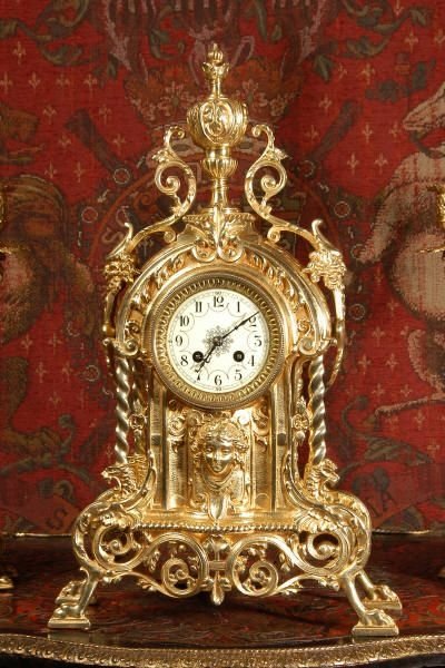 fig 2. Japy Freres Large Gilt Brass Clock Set, Antique French.