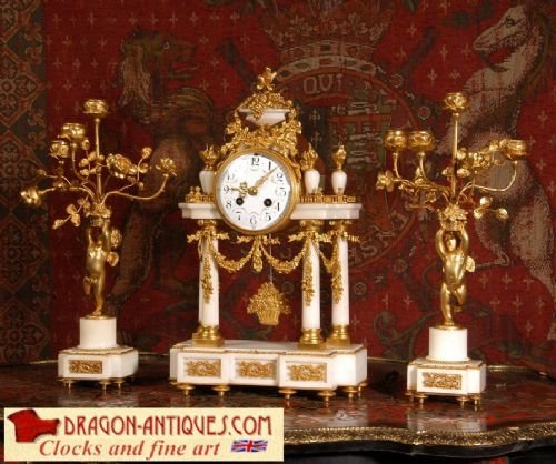 Ormolu and White Marble Portico Cherub Clock Set, Antique French.