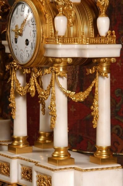 fig 2. Ormolu and White Marble Portico Cherub Clock Set, Antique French.