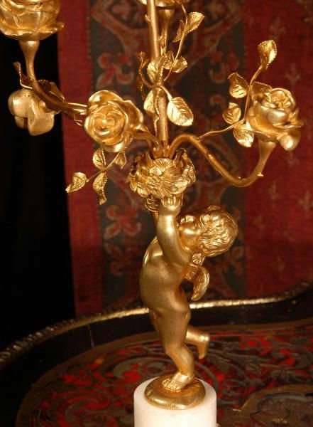 fig 3. Ormolu and White Marble Portico Cherub Clock Set, Antique French.