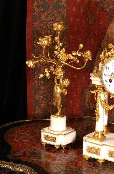 fig 1. Ormolu and White Marble Portico Cherub Clock Set, Antique French.