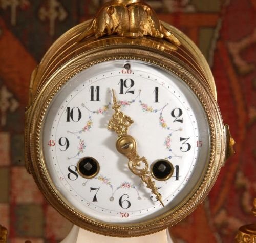 fig 3. Ormolu and White Marble Antique French Boudoir Portico Clock
by A. D. Mougin. 